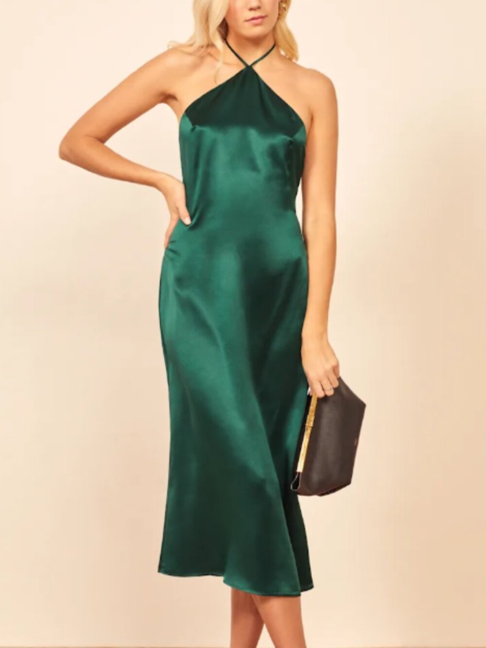 Reformation Reggie Halter Neck Open Back Emerald Green Silk Midi Dress Size Med